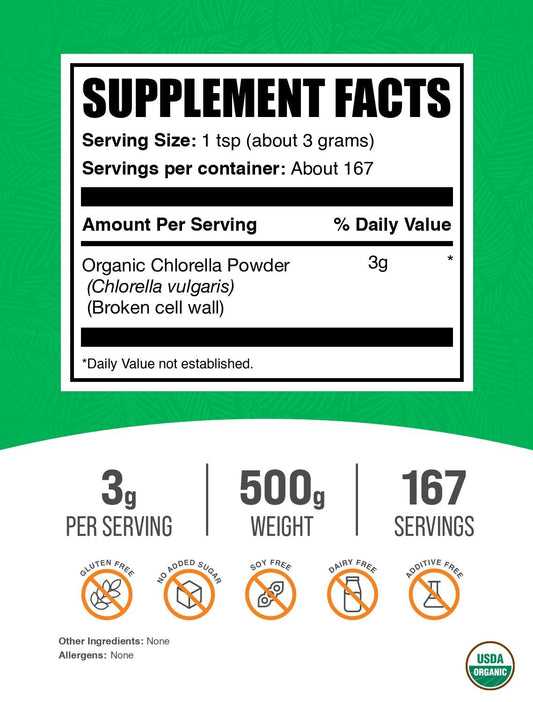 BulkSupplements Organic Chlorella Powder pour closeup ready for easy mixing.
