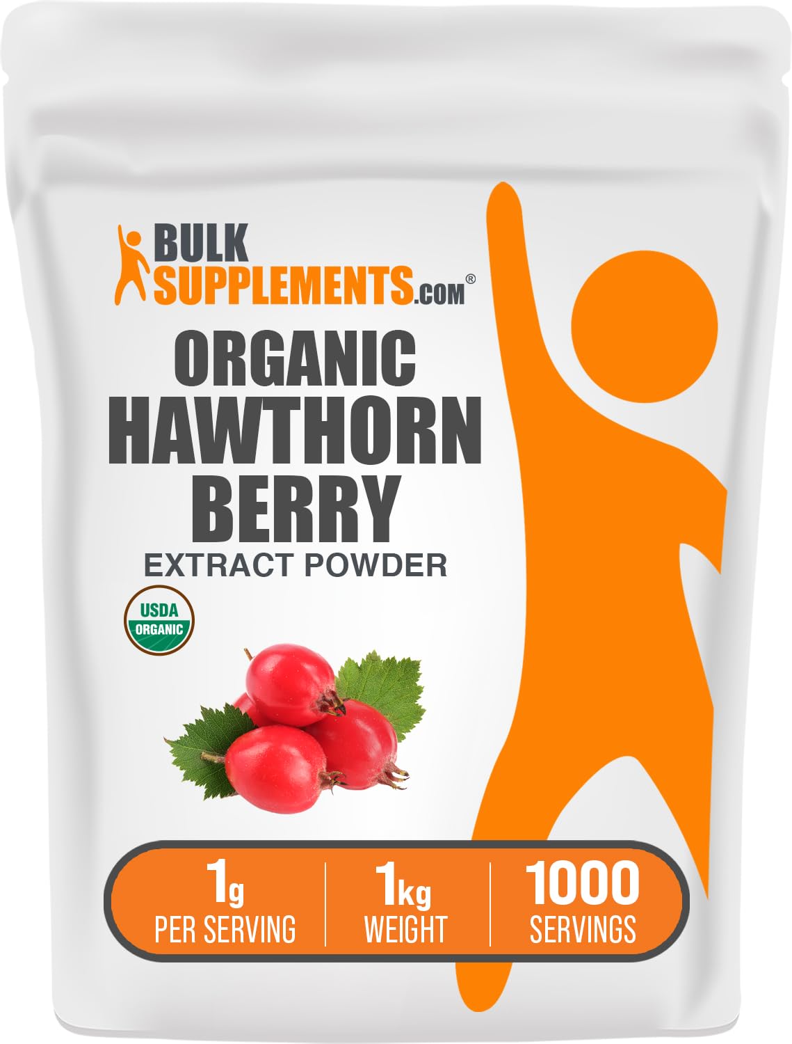 BulkSupplements Hawthorn Berry Extract Powder bottle, 1kg, for daily use.