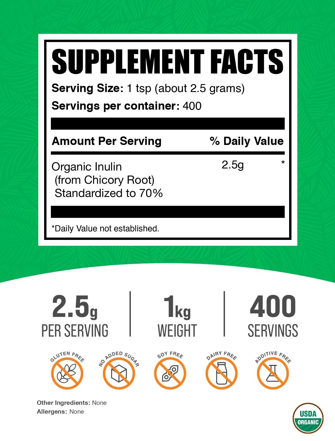 BulkSupplements Organic Inulin Powder scoop indicating precise 2.5g servings for fiber