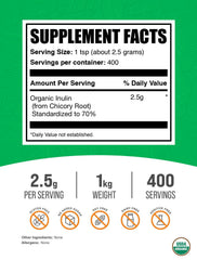 BulkSupplements Organic Inulin Powder scoop indicating precise 2.5g servings for fiber