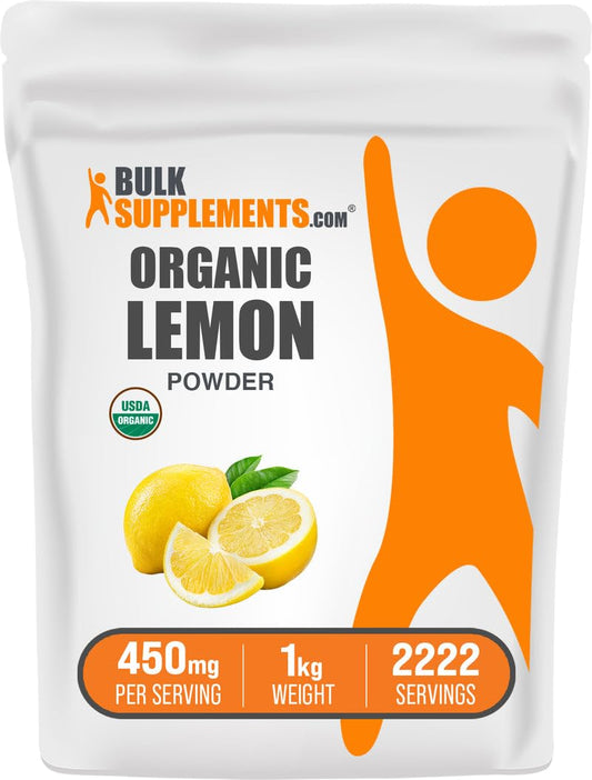 BulkSupplements Organic Lemon Powder bottle pour highlights easy, versatile use in beverages and recipes.