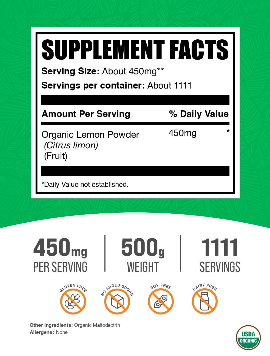 BulkSupplements Organic Lemon Powder packaging showing clean labeling and quality