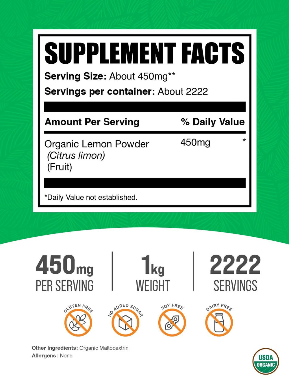 BulkSupplements Organic Lemon Powder measuring scoop demonstrates precise dosing for smoothies and bakes.