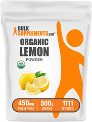 BulkSupplements Organic Lemon Powder bottle on shelf highlighting gluten-free vitamin C flavor