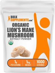 BulkSupplements Organic Lion's Mane extract powder tub ready for daily use and mixing.