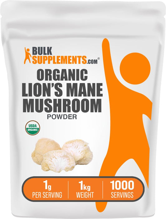 BulkSupplements Organic Lions Mane bottle close-up for daily vitality