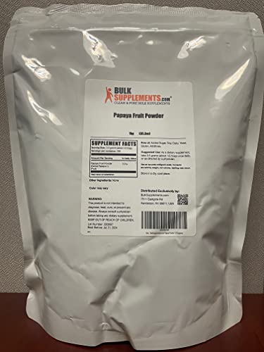BulkSupplements Organic Papaya Powder bottle pouring to illustrate measuring convenience