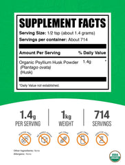 BulkSupplements Organic Psyllium Husk Powder bowl shows baking versatility and daily fiber use.