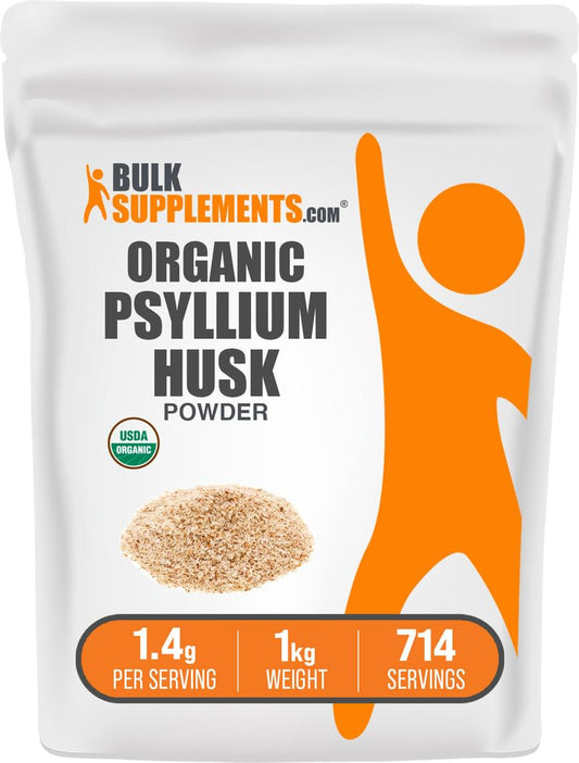 BulkSupplements Organic Psyllium Husk Powder packaging highlighting gluten-free fiber support.