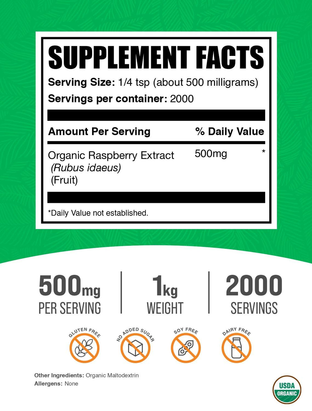 BulkSupplements Organic Raspberry Extract Powder tub close-up showing natural ingredients