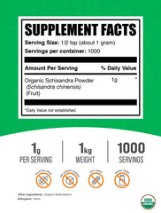 Close-up pour of BulkSupplements Organic Schisandra powder for precise serving measurement.
