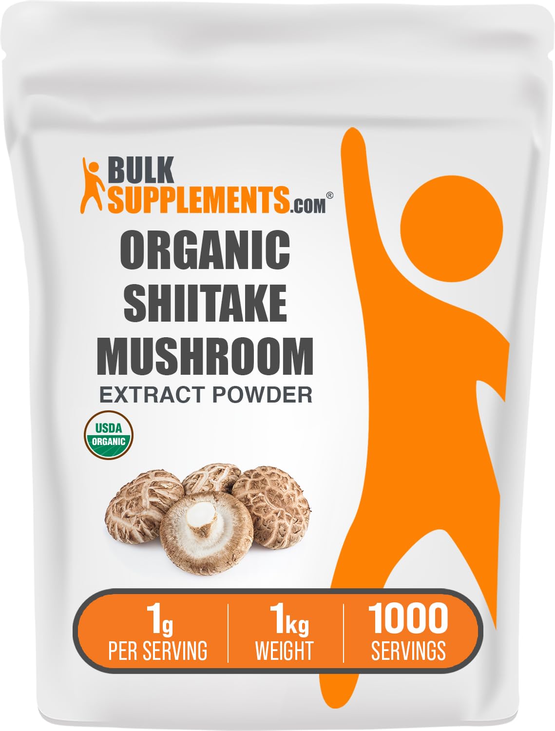 BulkSupplements Organic Shiitake extract powder packaging, vegan and gluten-free option with potential immune support.