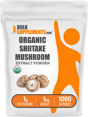 BulkSupplements Organic Shiitake extract powder packaging, vegan and gluten-free option with potential immune support.