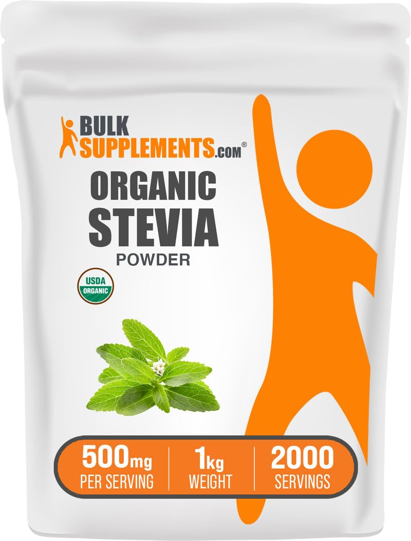 BulkSupplements Organic Stevia Powder pack on counter, zero-calorie sweetness option.