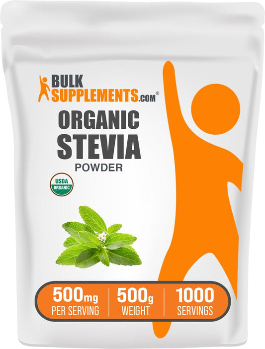 BulkSupplements Organic Stevia Powder packaging showcases zero-calorie sweetness.