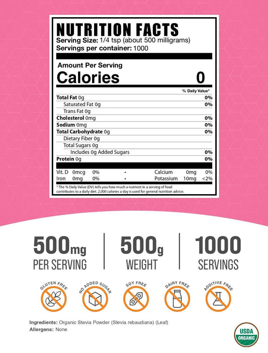 A scoop of BulkSupplements Organic Stevia Powder close-up highlights pure, plant-based sweetness.