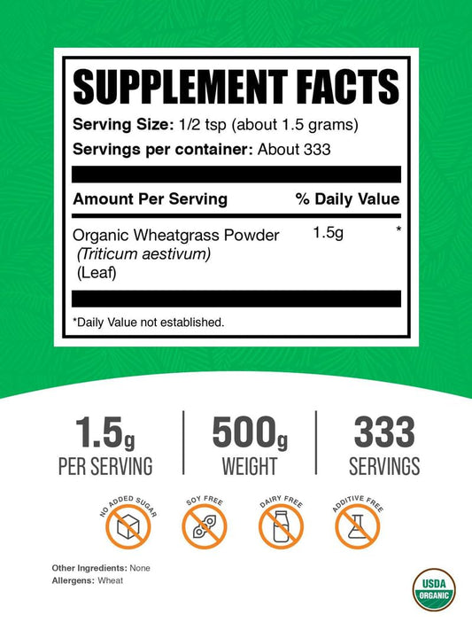 BulkSupplements Organic Wheatgrass Powder scoop demonstrates quick, convenient daily greens addition.