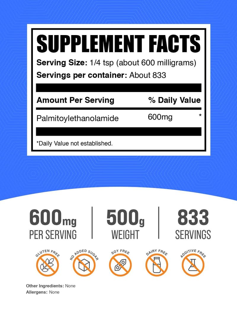 BulkSupplements Palmitoylethanolamide powder with scoop showing easy measurement for daily use.