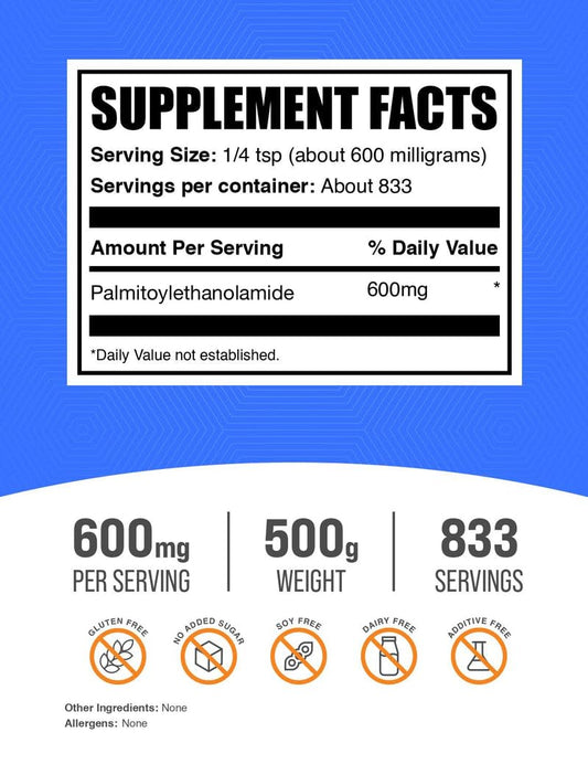 BulkSupplements Palmitoylethanolamide powder with scoop showing easy measurement for daily use.