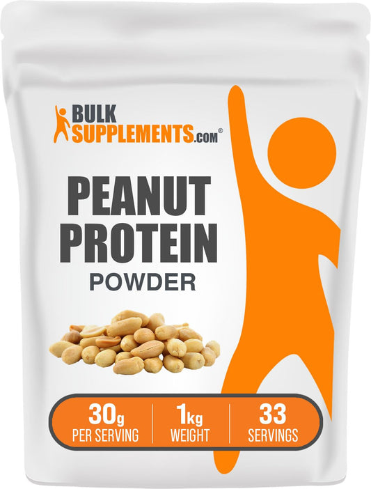 BulkSupplements Peanut Protein Powder bottle shows label; supports daily protein intake for active lifestyles
