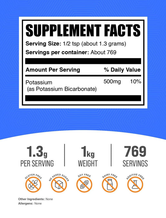 BulkSupplements Potassium Bicarbonate powder scoop for precise serving measurement.