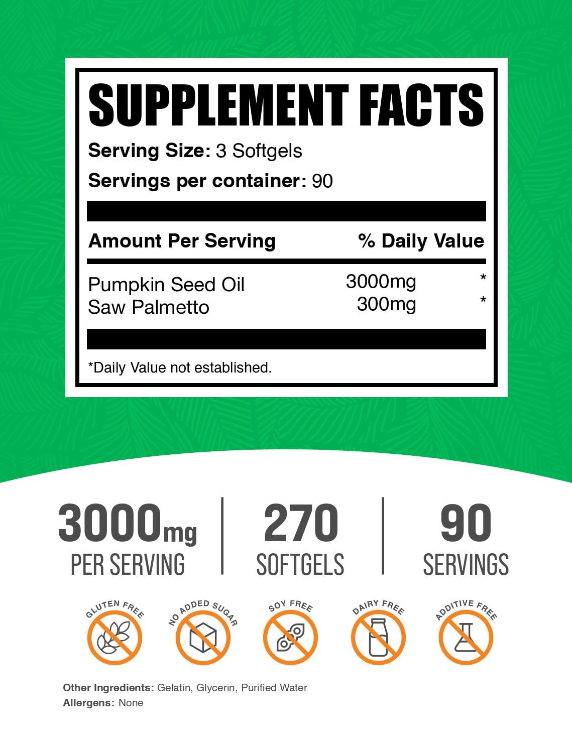 BulkSupplements pumpkin seed oil softgel capsules deliver 3000mg per serving for convenience.