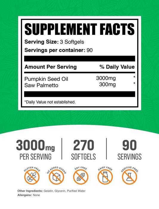 BulkSupplements pumpkin seed oil softgel capsules deliver 3000mg per serving for convenience.