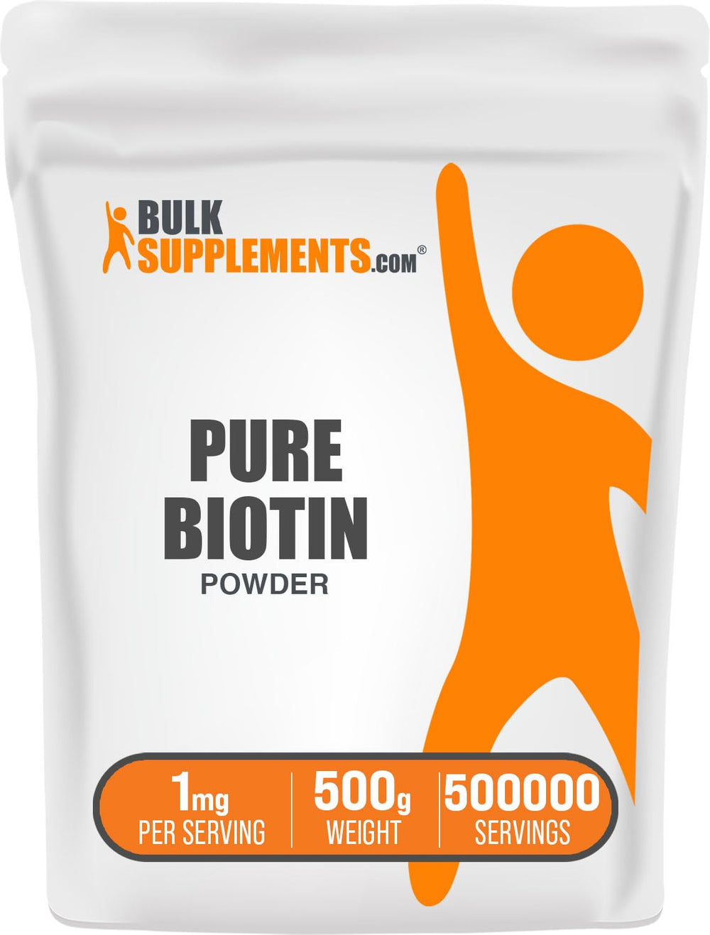 BulkSupplements Biotin Powder bottle front label shows 1 mg per serving for potential hair and nails support.
