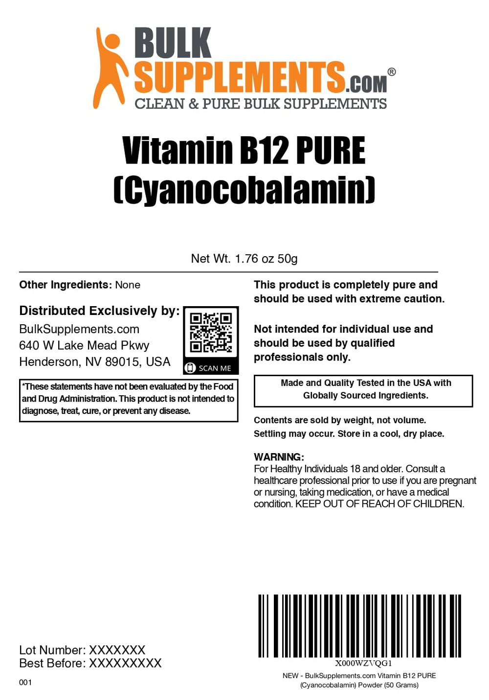 BulkSupplements Vitamin B12 powder scoop for precise dosing.