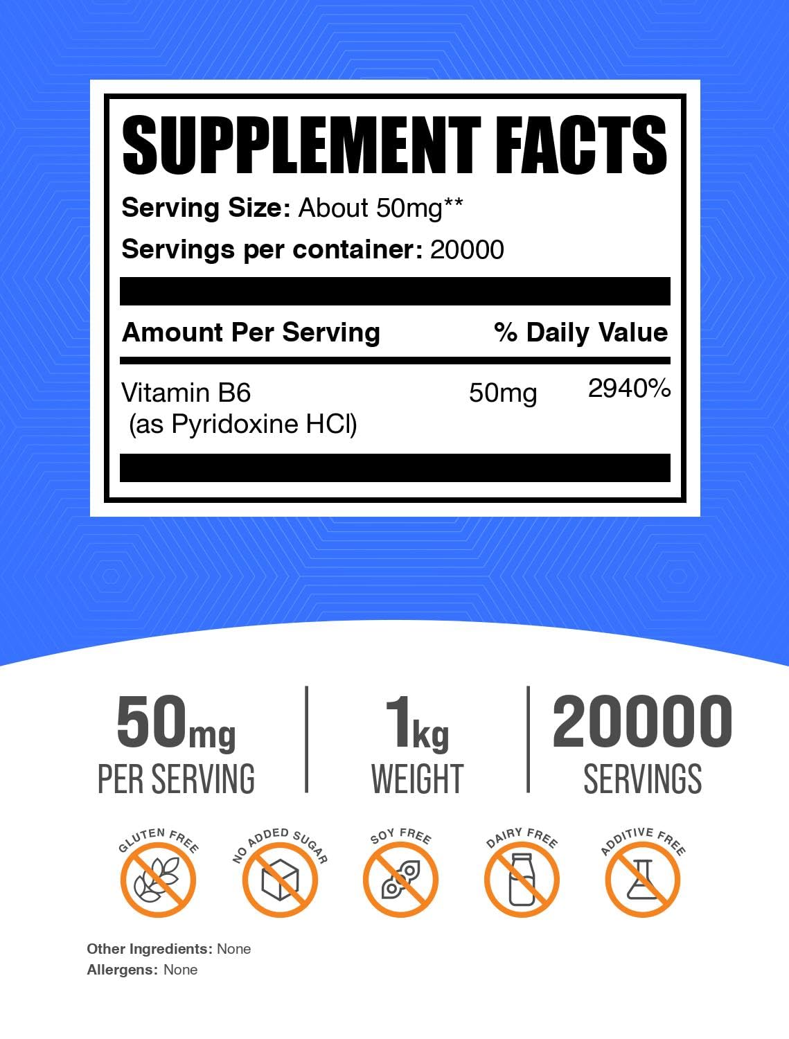 BulkSupplements pyridoxine hcl powder with scoop emphasizes easy daily dosing