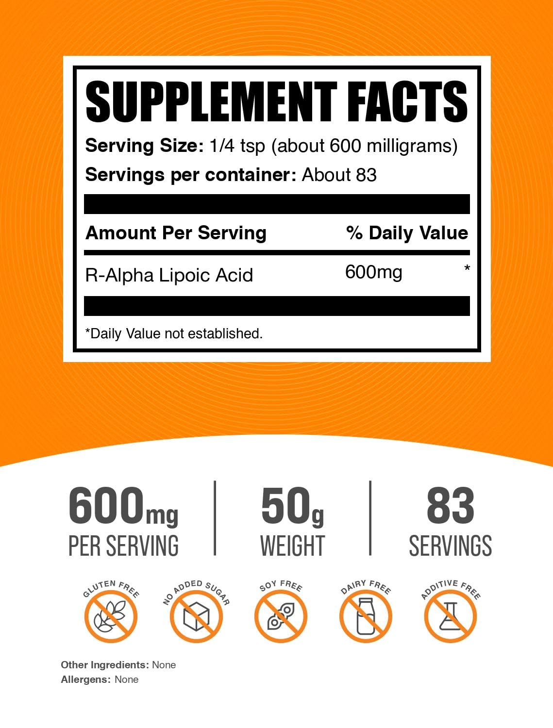 BulkSupplements R-ALA powder jar labeling gluten-free formula