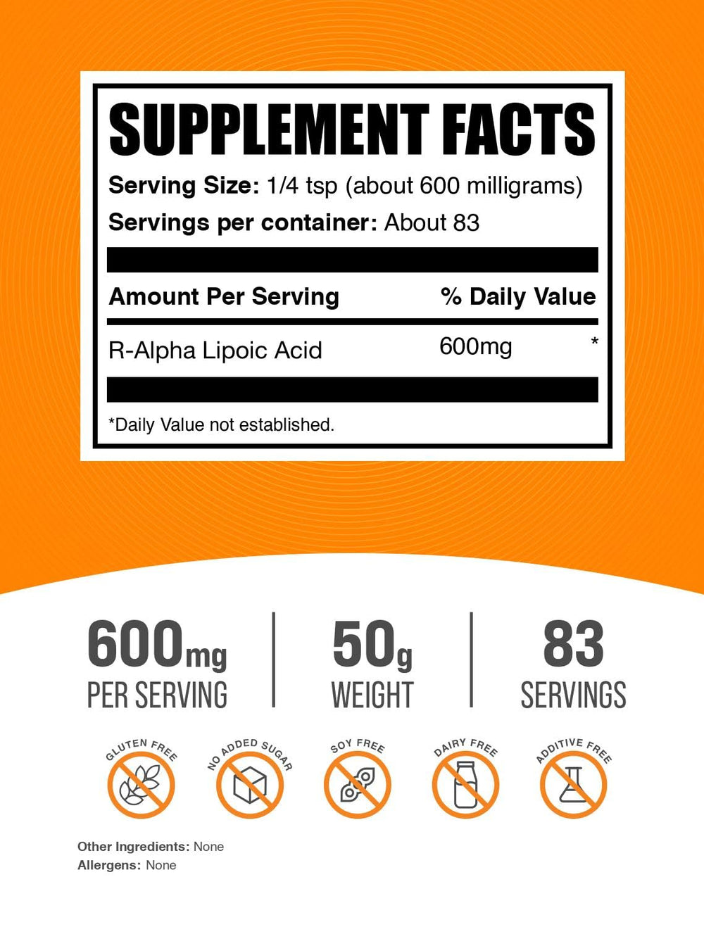 BulkSupplements R-ALA powder jar labeling gluten-free formula