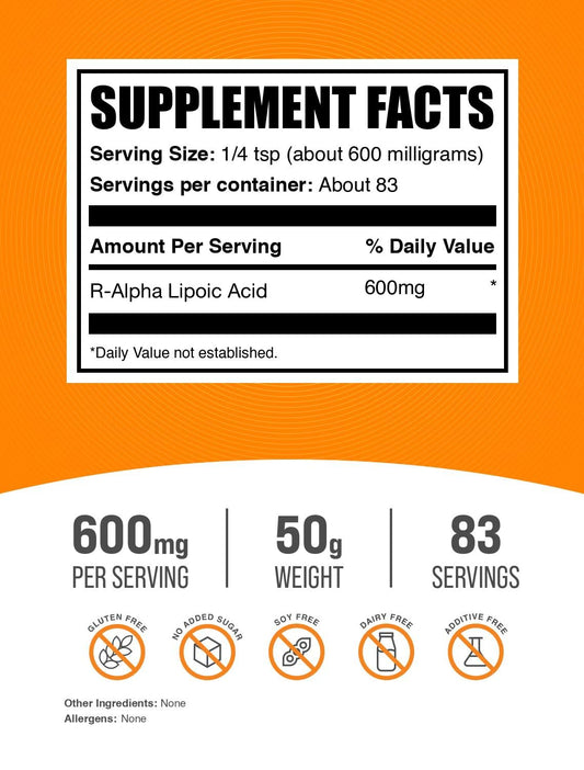 BulkSupplements R-ALA powder jar labeling gluten-free formula