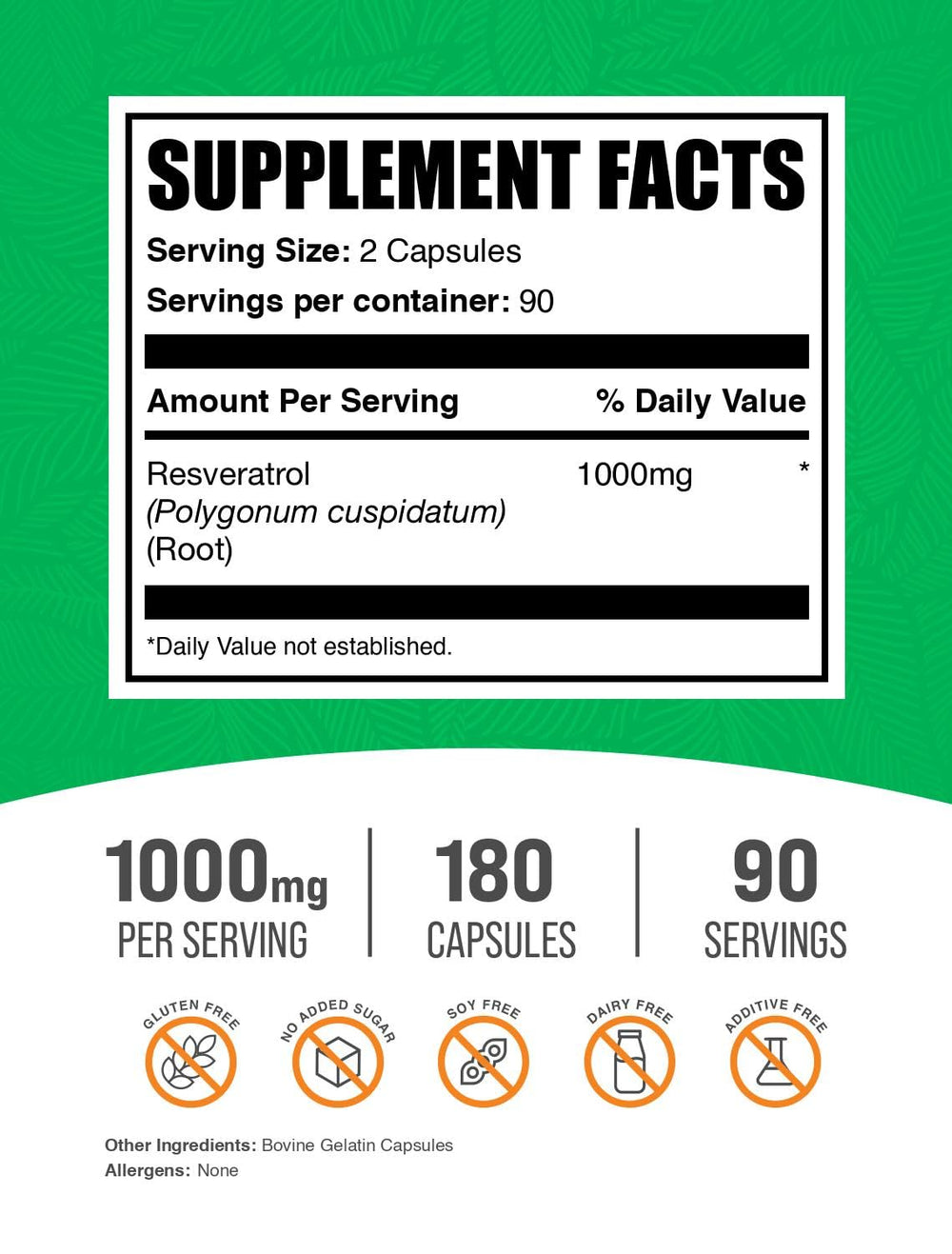 BulkSupplements Resveratrol capsules label closeup highlighting 1000mg per serving.
