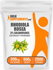 BulkSupplements Rhodiola extract powder 500g packaging shows gluten-free, quality-tested formula.