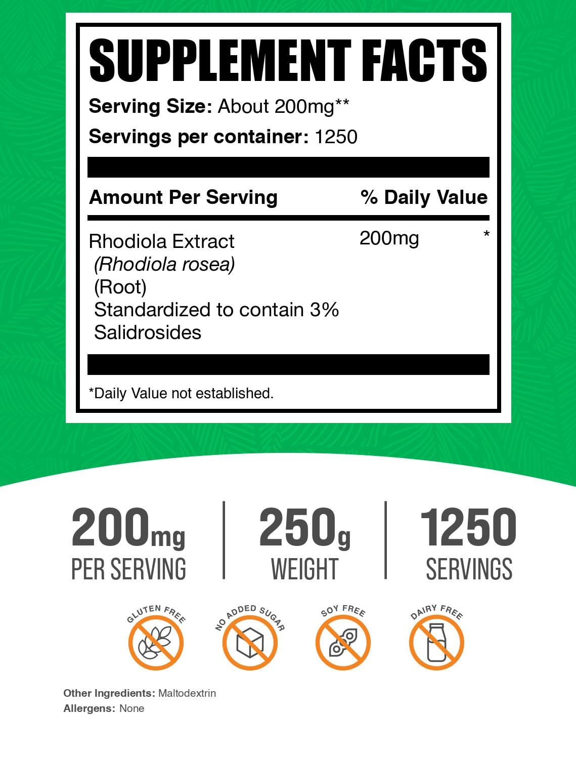 BulkSupplements Rhodiola Extract Powder container label closeup showing 3% salidrosides