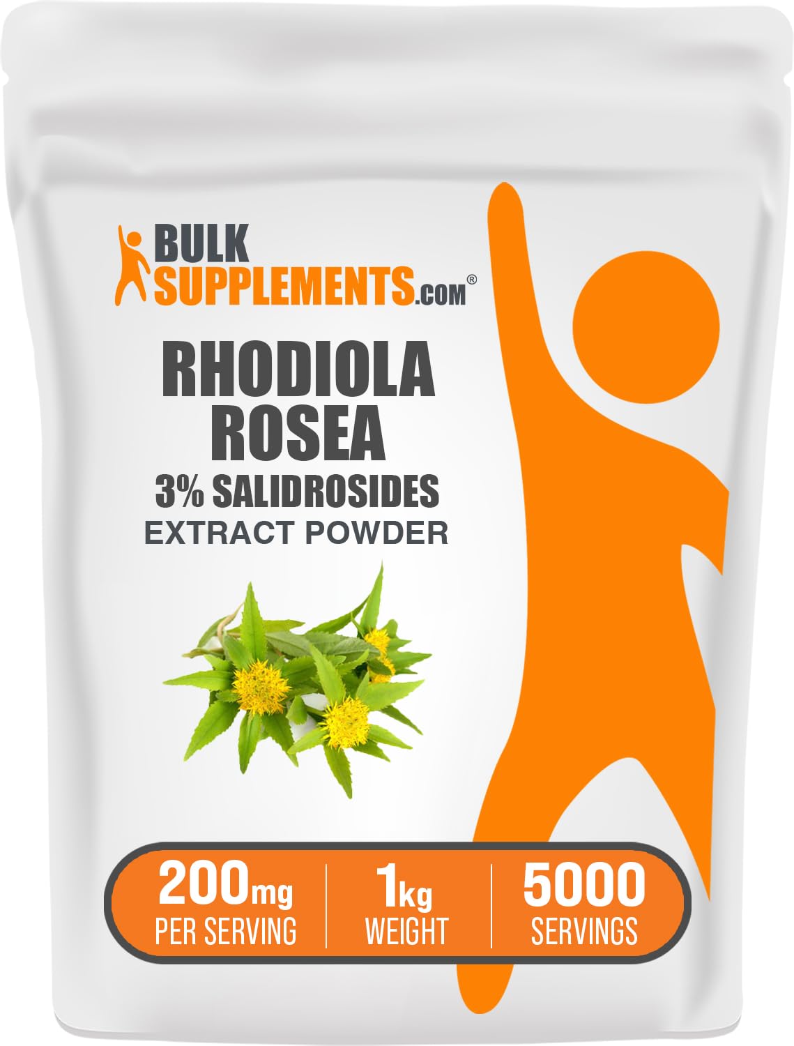 BulkSupplements Rhodiola extract powder jar supports daily wellness, gluten-free.