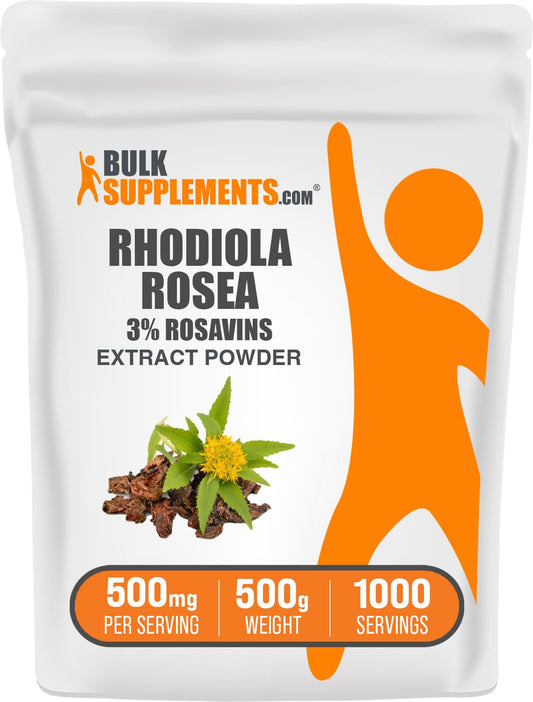 BulkSupplements Rhodiola Rosea Extract bottle for easy daily dosing and focus support.