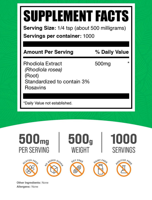 BulkSupplements Rhodiola Rosea Extract scoop illustrating measuring 500 mg per serving.