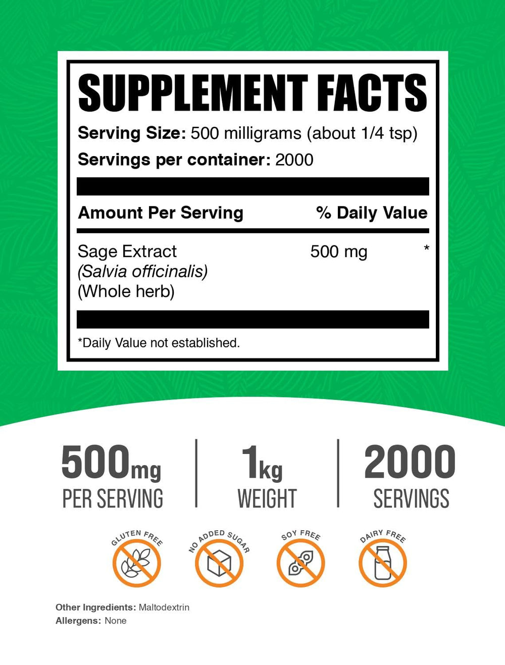 BulkSupplements Sage Extract powder packaging highlighting gluten-free formula.