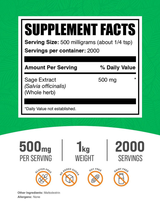 BulkSupplements Sage Extract powder packaging highlighting gluten-free formula.