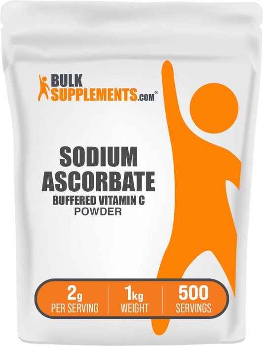 BulkSupplements sodium ascorbate powder bottle for easy mixing in beverages