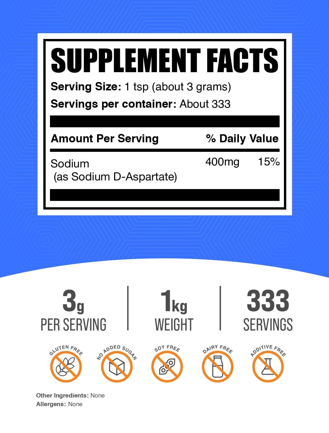 BulkSupplements Sodium D-Aspartate powder scoop beside bottle, for precise daily dosing.