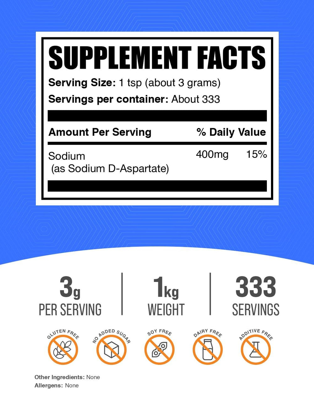 BulkSupplements Sodium D-Aspartate powder scoop beside bottle, for precise daily dosing.
