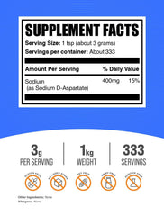 BulkSupplements Sodium D-Aspartate powder scoop beside bottle, for precise daily dosing.