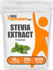 BulkSupplements Stevia Extract Powder packaging shows zero-calorie sweetness for drinks