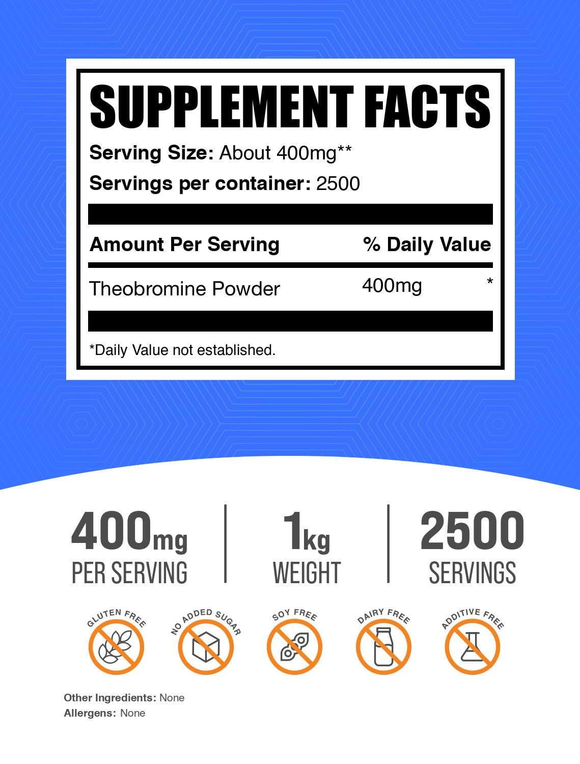 BulkSupplements Theobromine powder 1kg pack with label and packaging.
