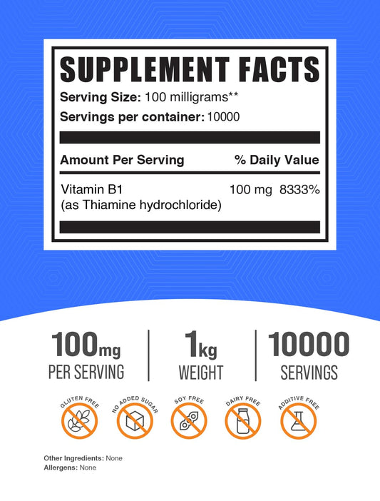 BulkSupplements Thiamine HCl powder dosage scoop for precise 100 mg servings
