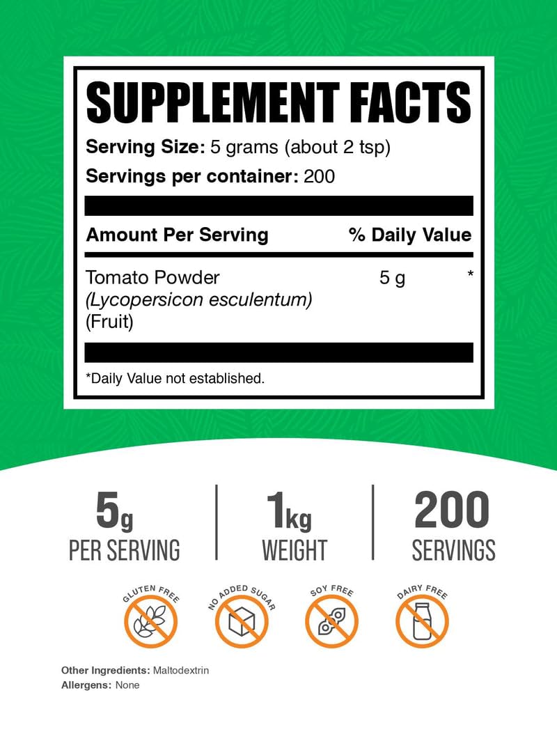 BulkSupplements Tomato Powder in a glass jar highlights gluten-free cooking versatility.