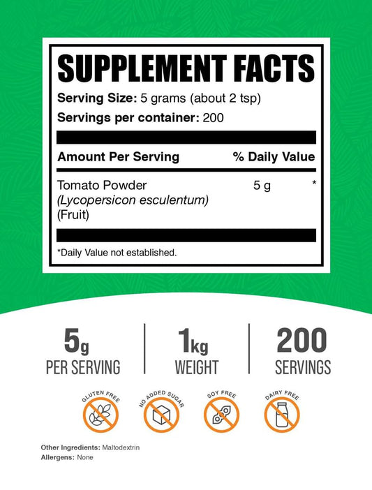 BulkSupplements Tomato Powder in a glass jar highlights gluten-free cooking versatility.